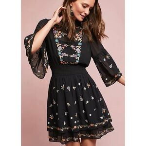 Anthropologie Floral Embroidered Black Dress